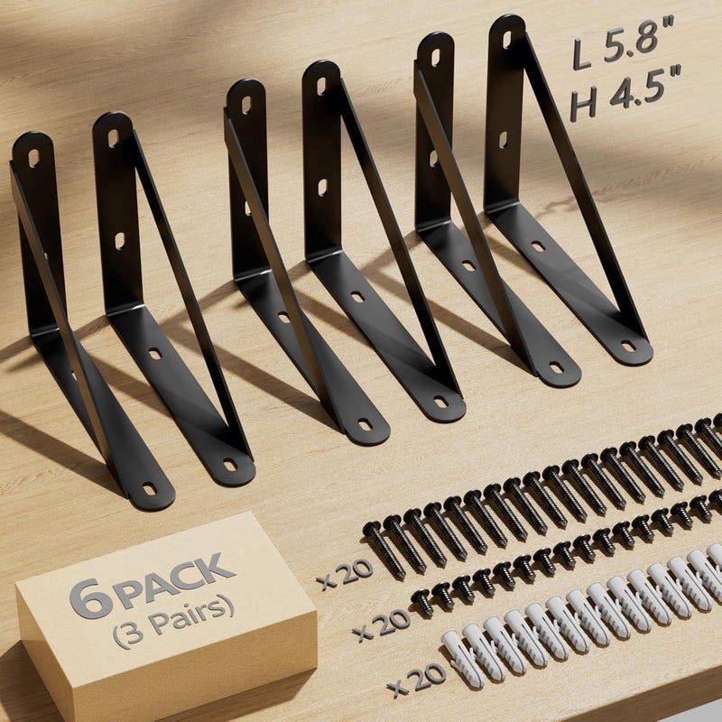 COCOYA 6x4.5 Shelf Brackets 6-Pack, Shelf Support Shelf Holder Steel Wall Mount Heavy Duty Small L Shape Triangle 90 Degree Metal Black with Screws Anchors Soporte de Estante - Image 5